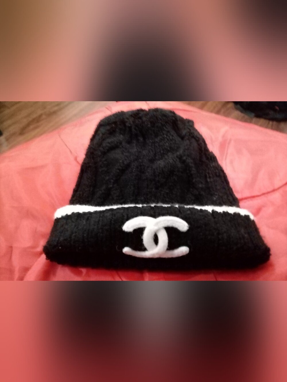 CHANEL Black  Beanie with White CC Emblem